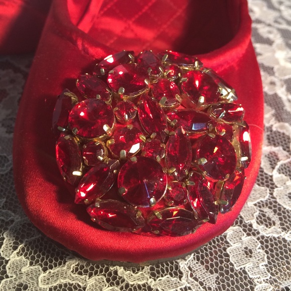 Red Satin Gem Slipper Flats - Picture 2 of 4